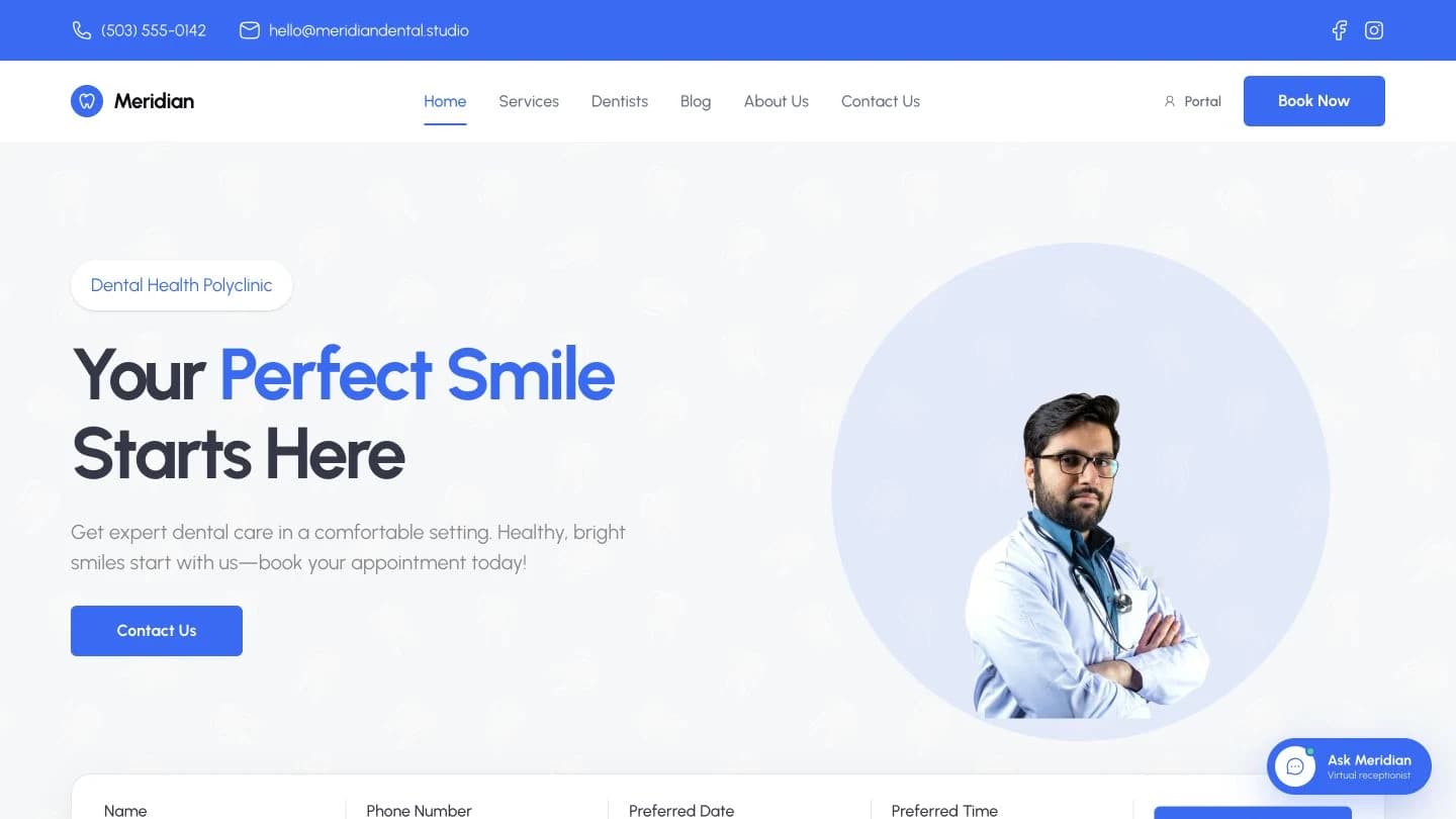 Meridian Dental Studio demo homepage and appointment entry point