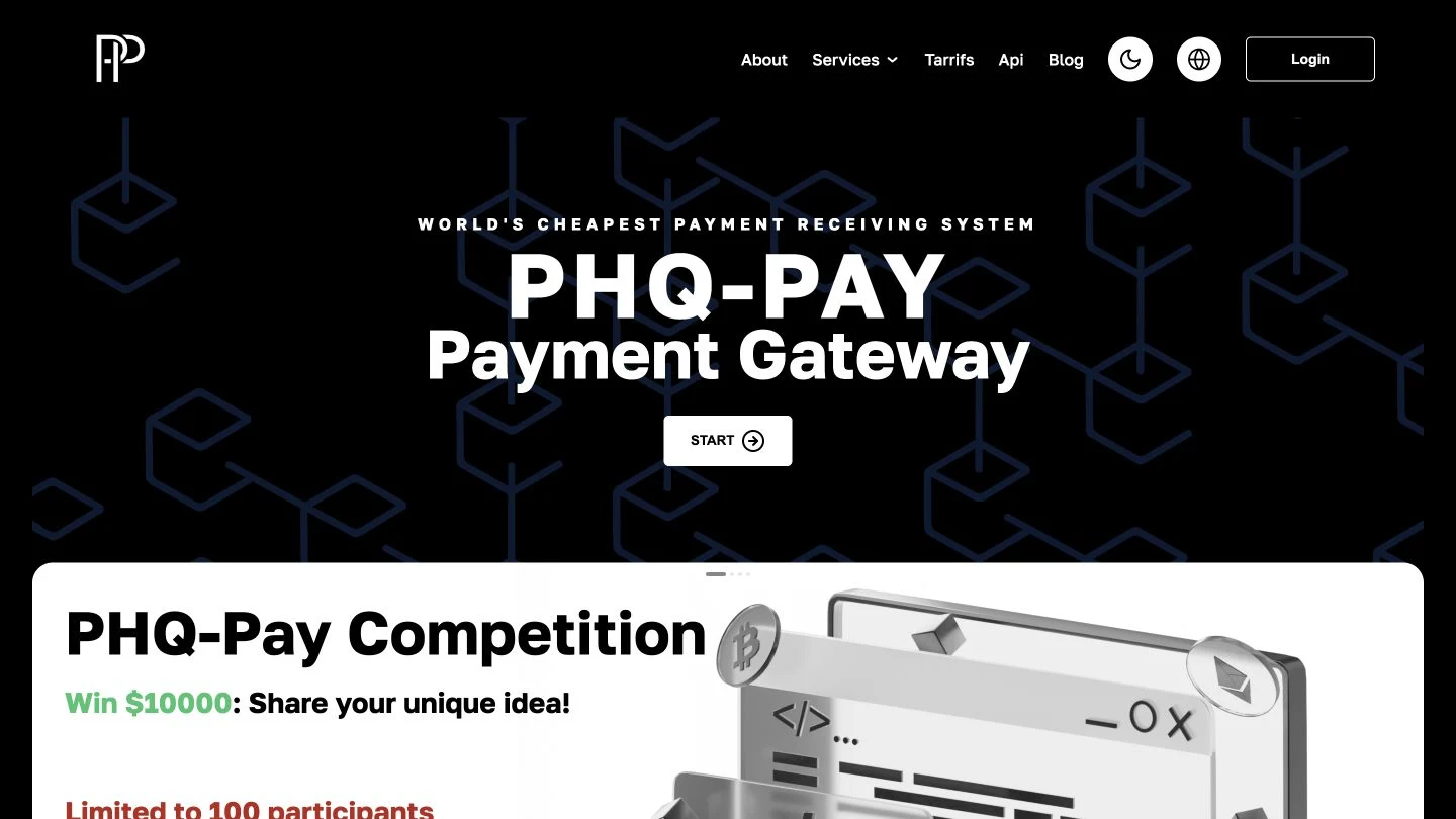 PHQ-Pay payment gateway landing-page UI recreation