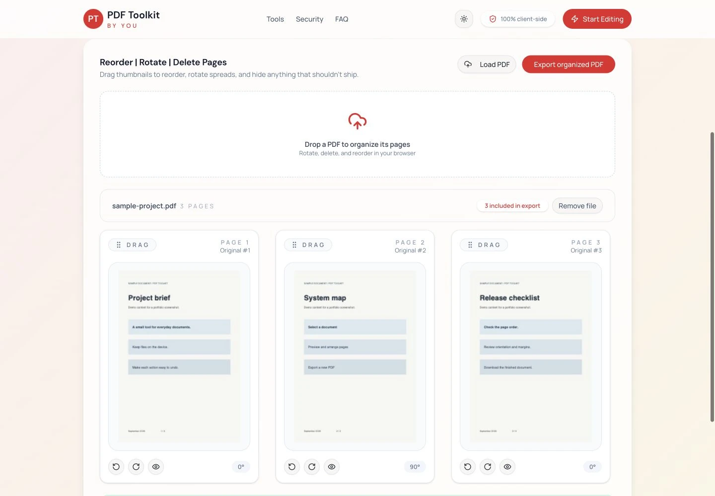 PDF Toolkit organizer with three synthetic project-document pages